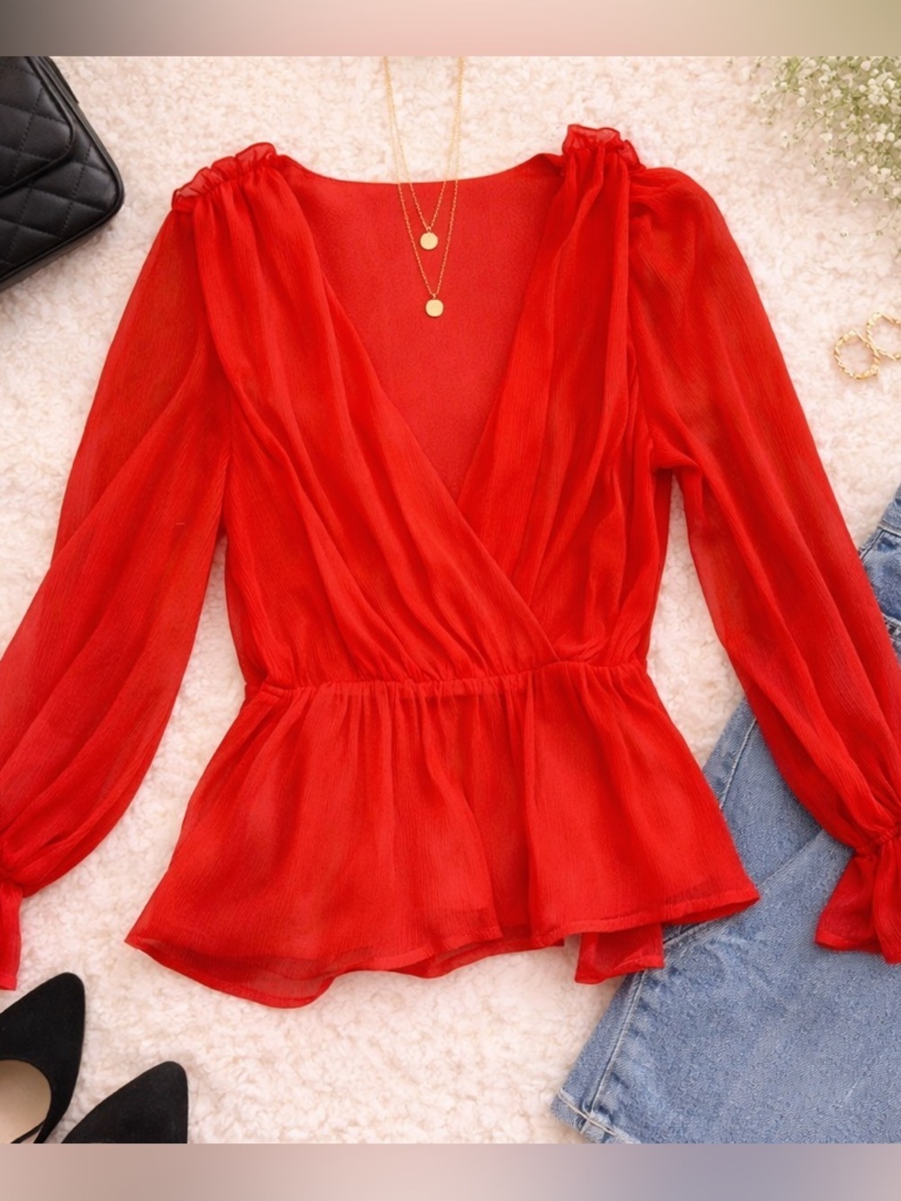 Flying Tomato Coral Red Sheer Peplum Blouse Small Ruffle Long Sleeve V-Neck